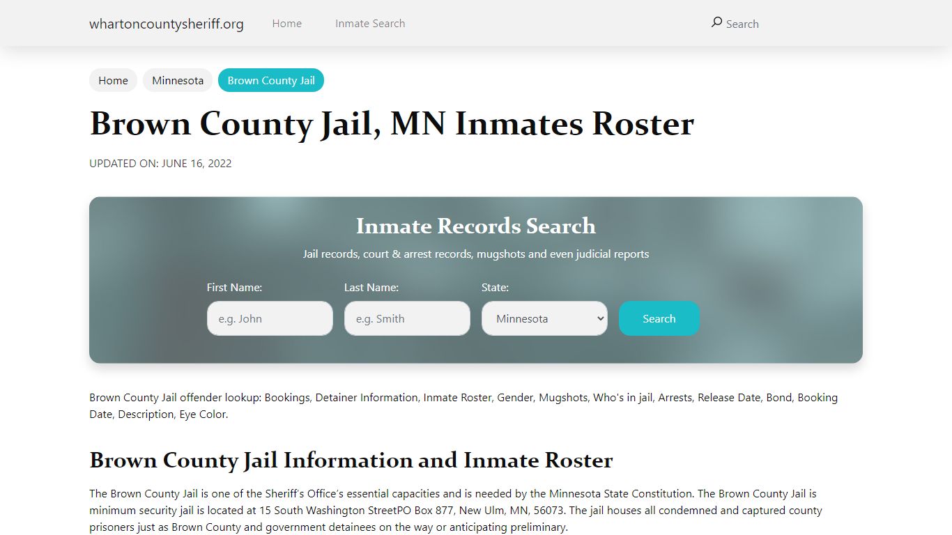 Brown County Jail, MN Jail Roster, Name Search